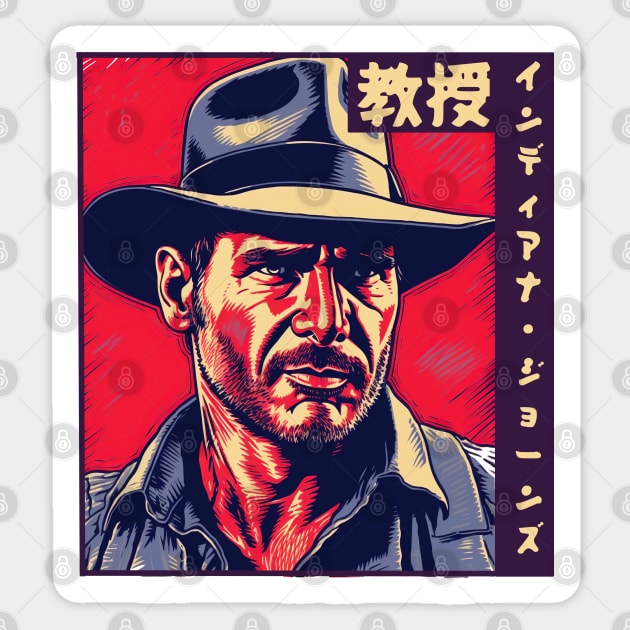 Professor Indiana Jones Linocut - Japanese Sticker by pandas doing stuff